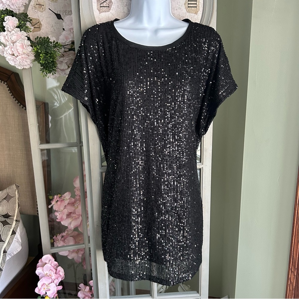 Women’s EDGELY Black Fully  Sequined Cap Sleeve Elegant Sparkly Top Tunic Sz 2X